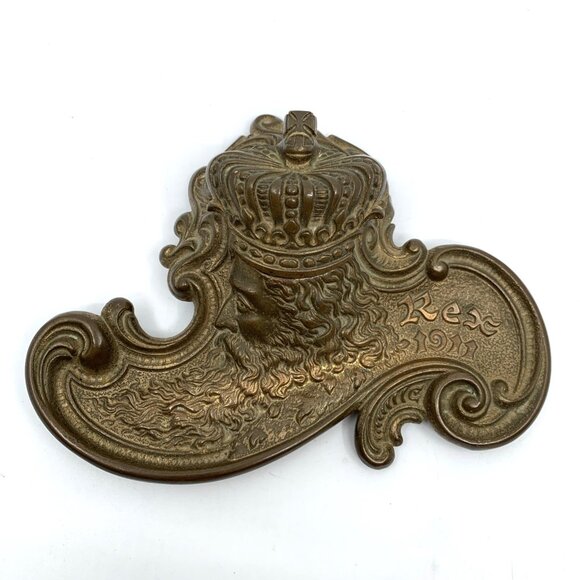 Edwardian Brass Inkwell Rex 1911 Ornate Antique Desk Accessory New Orleans - Picture 13 of 15